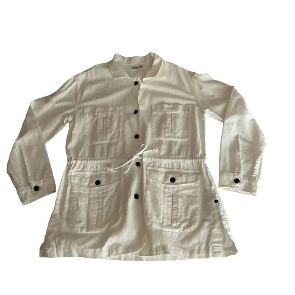 Faherty Jacket Utility White Cotton Linen Button Front Drawstring Belt Medium - Picture 7 of 11